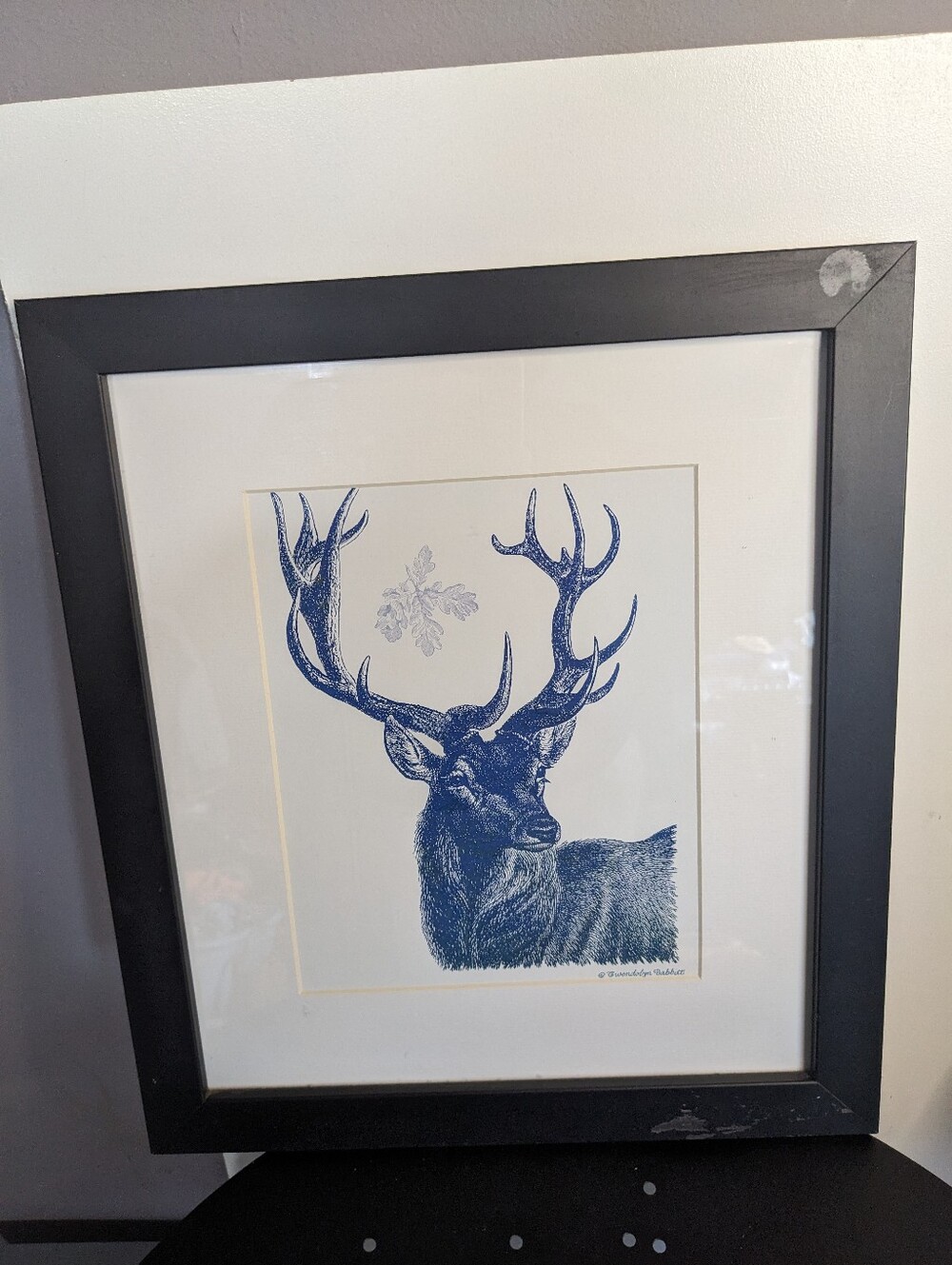 Gwendolyne Babbitt Vintage Blue Ink Deer Wildlife Art Framed Print Cabin Decor